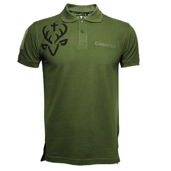 Jagdstolz Poloshirt grün Logo Black Hirsch mit Patch-Applikation